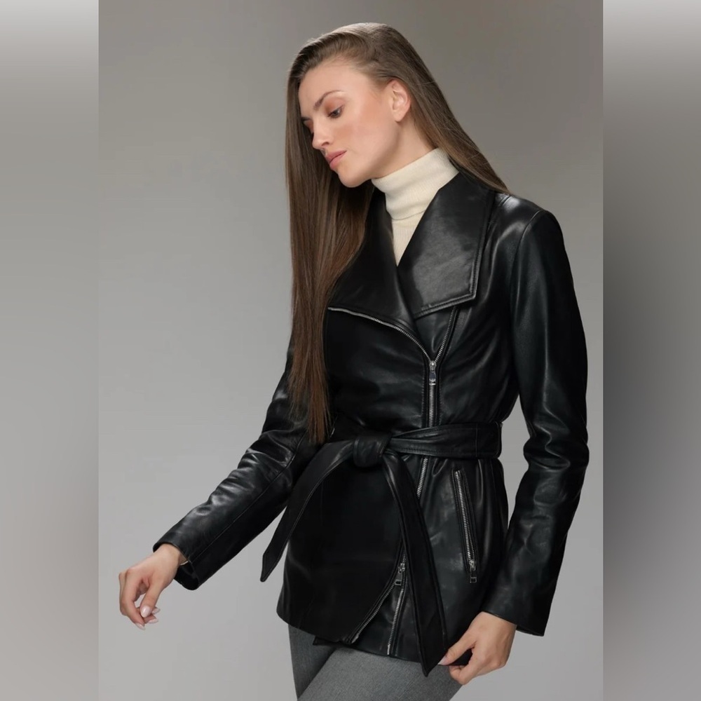 DANIER Sz L Long Line Moto Style Zipper Closure Belted Special Coating Jacket